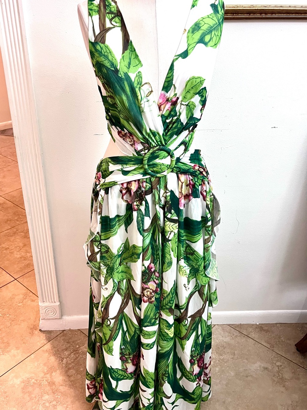 L'ATISTE White Maxi Dress with Green Leaf and Pink Floral Print and Ring Waist